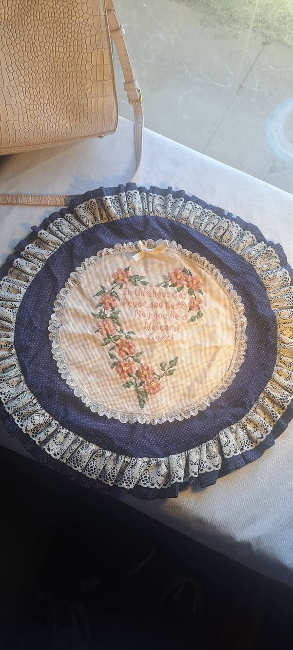 Vintage Handmade Cross Stitch Heart Wall Hanging/Table Topper Cottagecore Floral